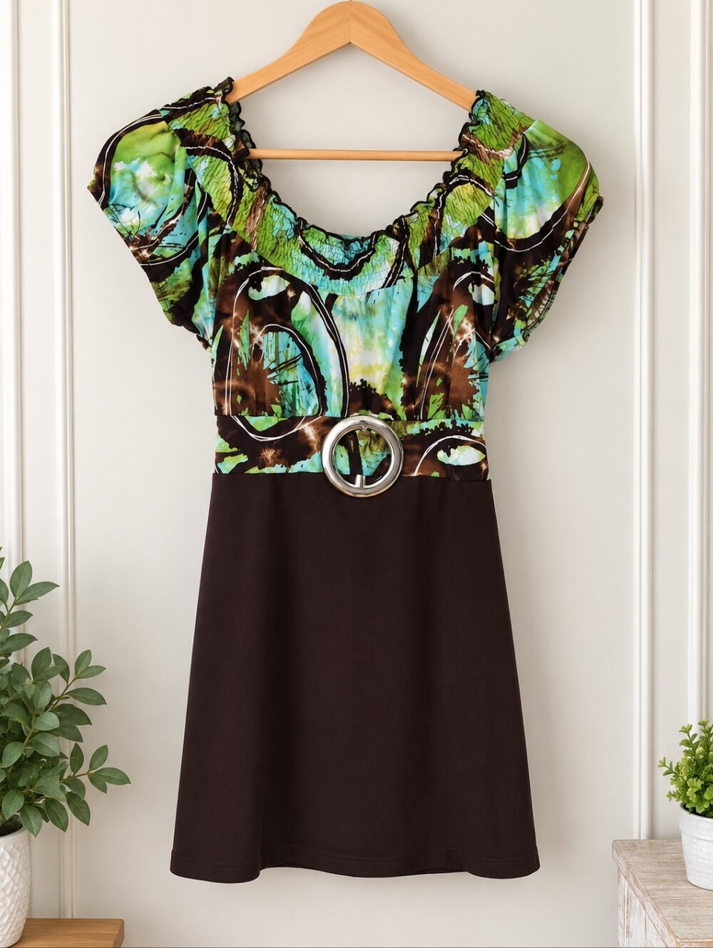 Anxiety Women's Green And Brown Tie Back Blouse Size Medium